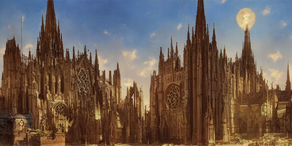 Image similar to sunlit vista, gothic cathedral with a large bell and pipes and tubes coming from it, dieselpunk cathedral, dynamic, painted by ruan jia, lawrence alma tadema, zdzislaw beksinski, norman rockwell, jack kirby, tom lovell, alex malveda, greg staples, hand of fear, bbc, tv