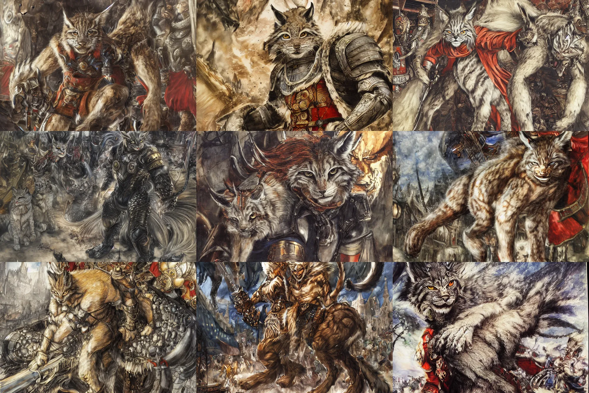 Image similar to 8k Yoshitaka Amano painting of upper body of a young cool looking lynx beast-man with white mane at a medieval market at windy day. Depth of field. He is wearing complex fantasy armors. He has huge paws. Renaissance style lighting.