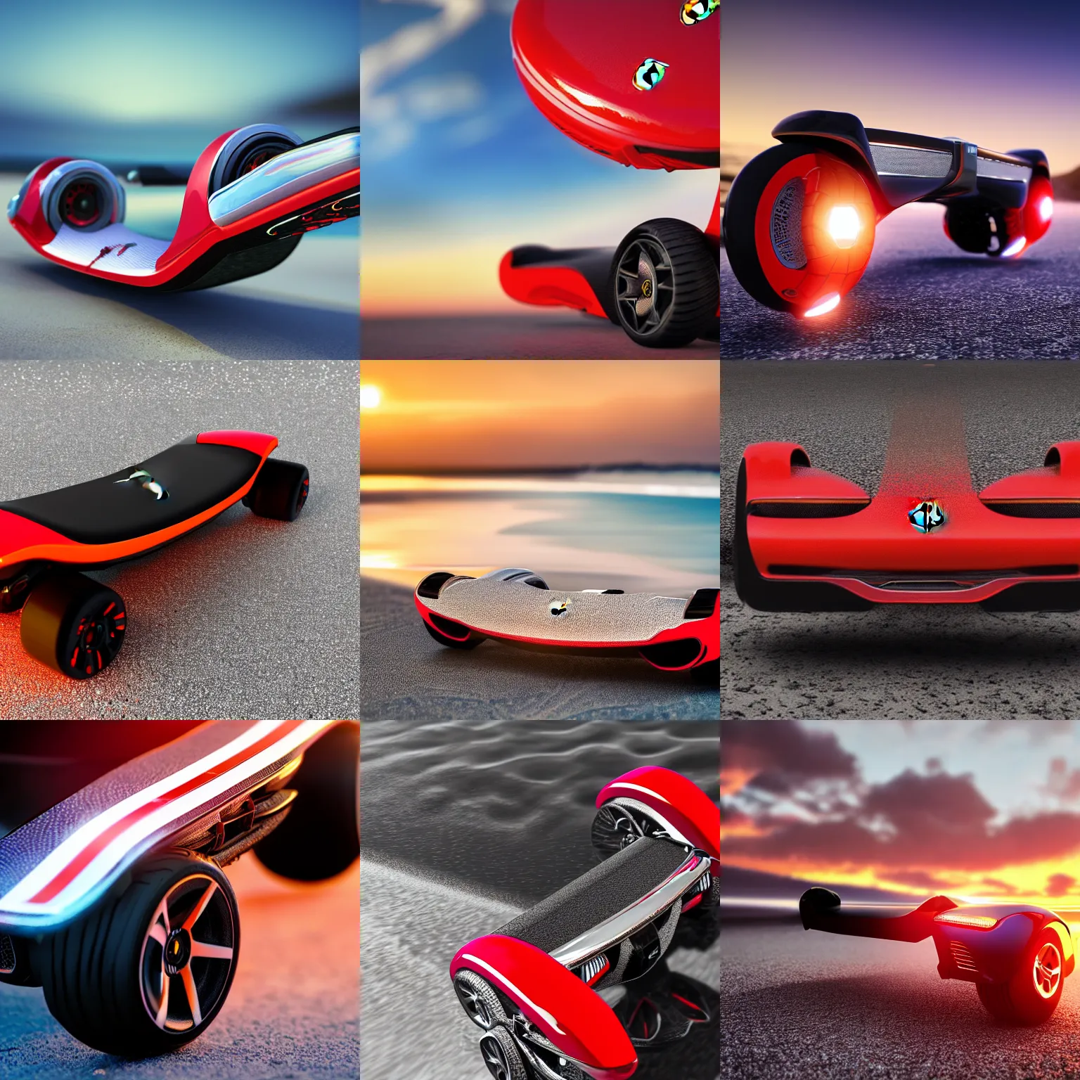 Prompt: a closeup photorealistic image of a beautiful ferrari themed hoverboard. beach, sunset. fine detail. this 4 k hd image is trending on artstation, featured on behance, well - rendered, extra crisp, features intricate detail, epic composition and the style of unreal engine.