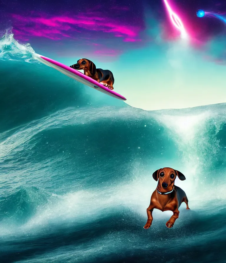 Image similar to wiener dog surfing a surfboard on a crashing l wave of alien ocean in space, background is an alien galaxy, aliens in the background, alien colors, octane render, unreal engine, wide view, 8 k, high detaild