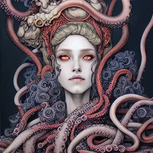 Prompt: a woman with tentacles on her head, an ultrafine detailed painting by ayami kojima, cgsociety, fantasy art, lovecraftian, cosmic horror, detailed painting