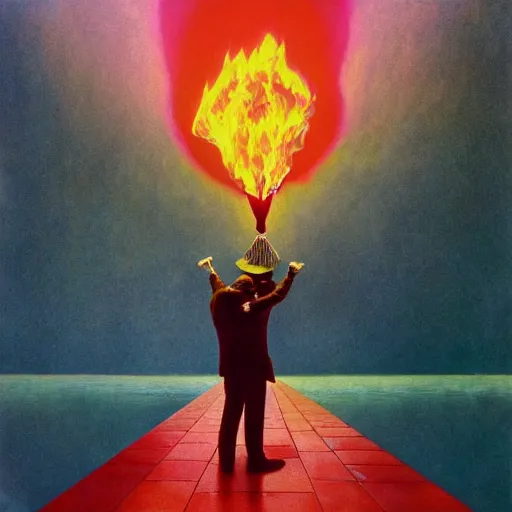 Image similar to a man on fire and a girl on ice, pink floyd album cover, 1 9 7 0's, by storm elvin thorgerson, moebius, craig mullins, beksinski, bruegel, greg rutkowski, alphonse mucha, and yoshitaka amano, colorful flat surreal design, hd, 8 k, artstation