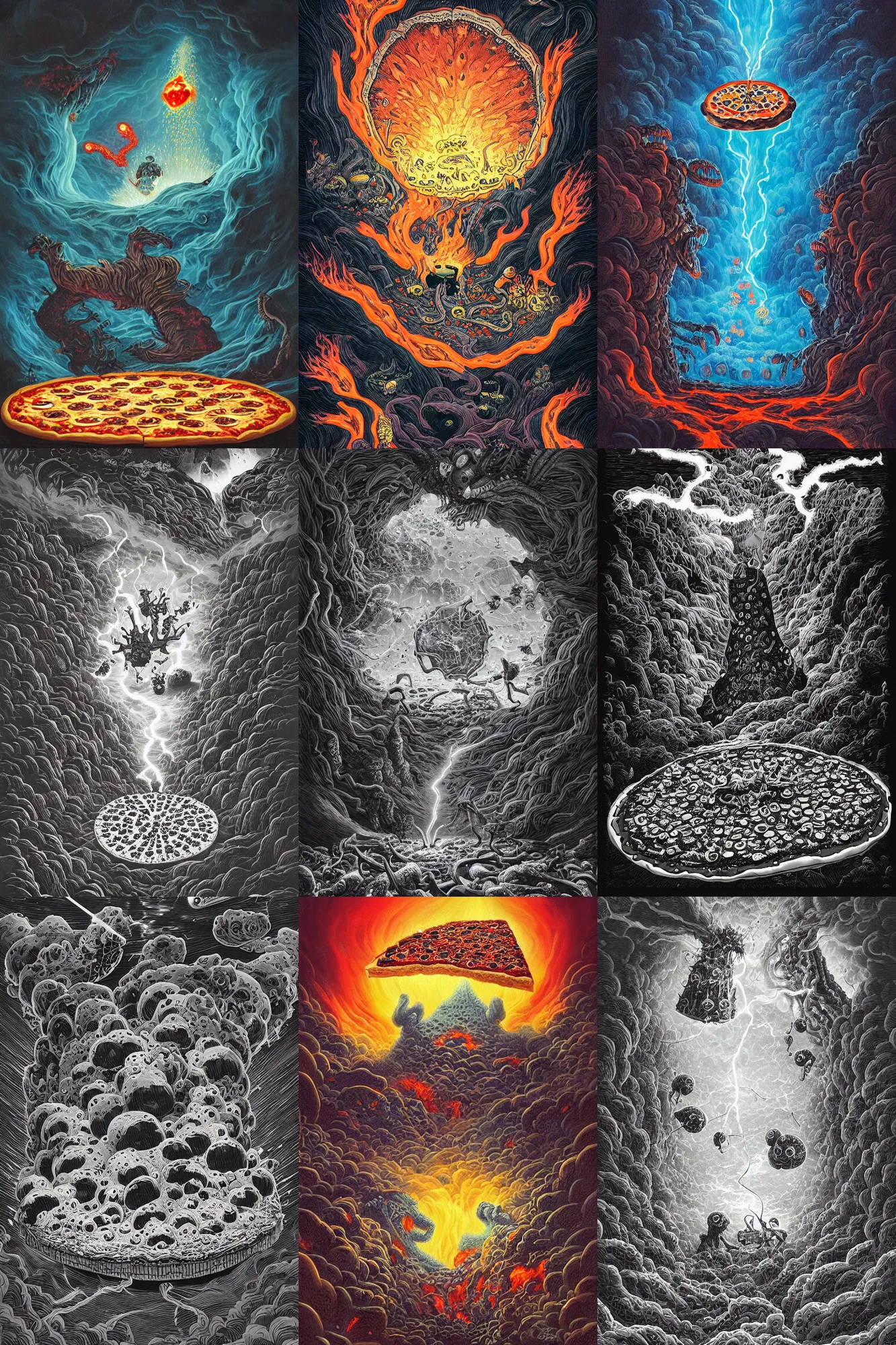 Prompt: strange creatures fighting over a very large pizza in front of a volcano spewing lava and black smoke, from below, streams of glowing hot lava, flashes of lightning in the distance, wide shot, long shot, an ultrafine detailed painting by joe fenton, deviantart, pop surrealism, whimsical