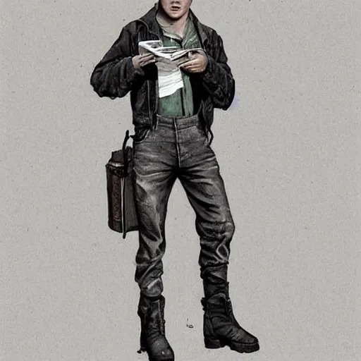 Image similar to a highly detailed epic cinematic concept art CG render digital painting artwork costume design: young James Dean as a well-kept neat anarchist rebel in 1950s USSR mechanic overalls and big boots, reading a book. By Greg Rutkowski, Ilya Kuvshinov, WLOP, Stanley Artgerm Lau, Ruan Jia and Fenghua Zhong, trending on ArtStation, subtle muted cinematic colors, made in Maya, Blender and Photoshop, octane render, excellent composition, cinematic atmosphere, dynamic dramatic cinematic lighting, aesthetic, very inspirational, arthouse