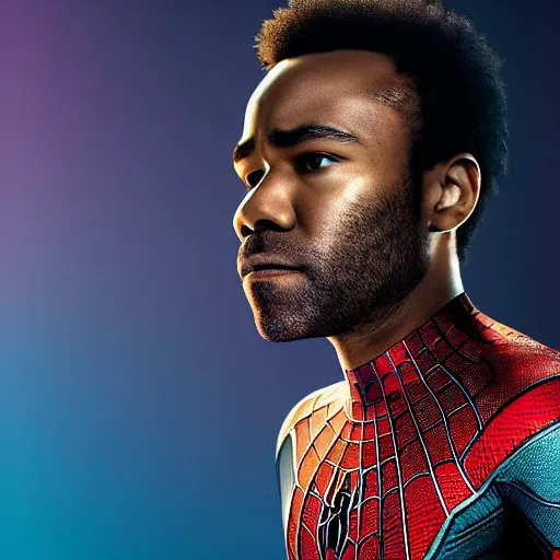 Prompt: donald glover as spider - man, by weta digital, by weta fx, by wlop, cinematic, dramatic, intentional camera movement, ektachrome, perspective, colorful, tones of black, light blue foreground, post - production, vfx, insanely detailed and intricate, hypermaximalist, elegant, ornate, hyper realistic, super detailed