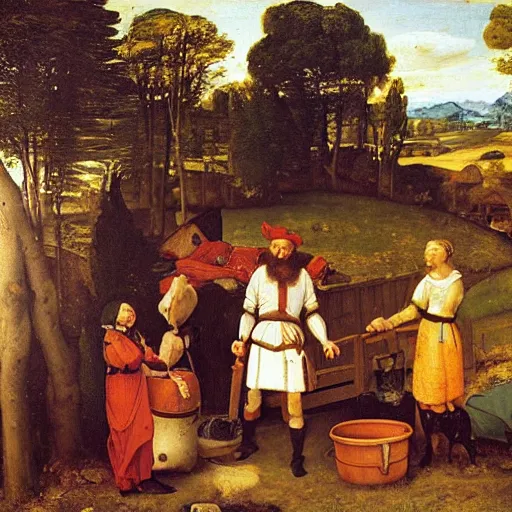 Prompt: feudal serfs sorting through recycling, pastoral scene, renaissance oil painting old master