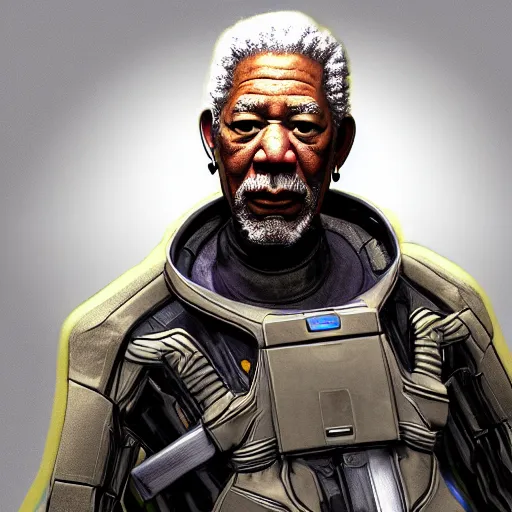 Prompt: A photorealistic full body illustration of Morgan Freeman wearing the HEV suit from half life 2