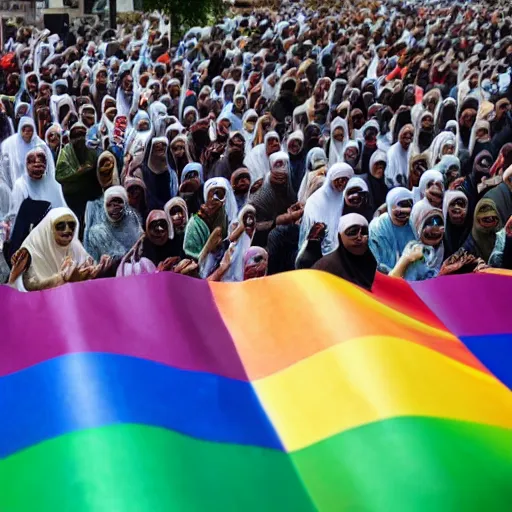 Prompt: Muslims waving pride flags while praying