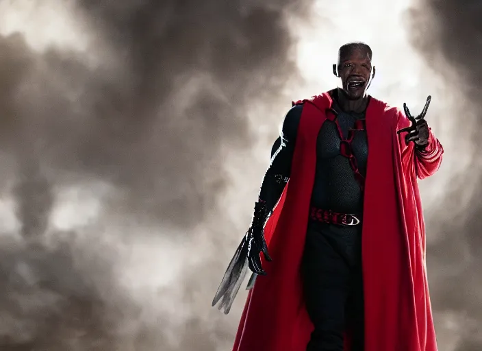 Image similar to film still of jamie foxx as spawn in the new spawn movie, giant chains, large cape, 8 k