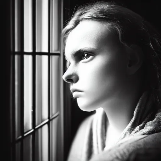 Image similar to black and white photography of highly detailed beautiful depressed Woman with detailed face in the heroine chique style standing by the window, volumetric natural light