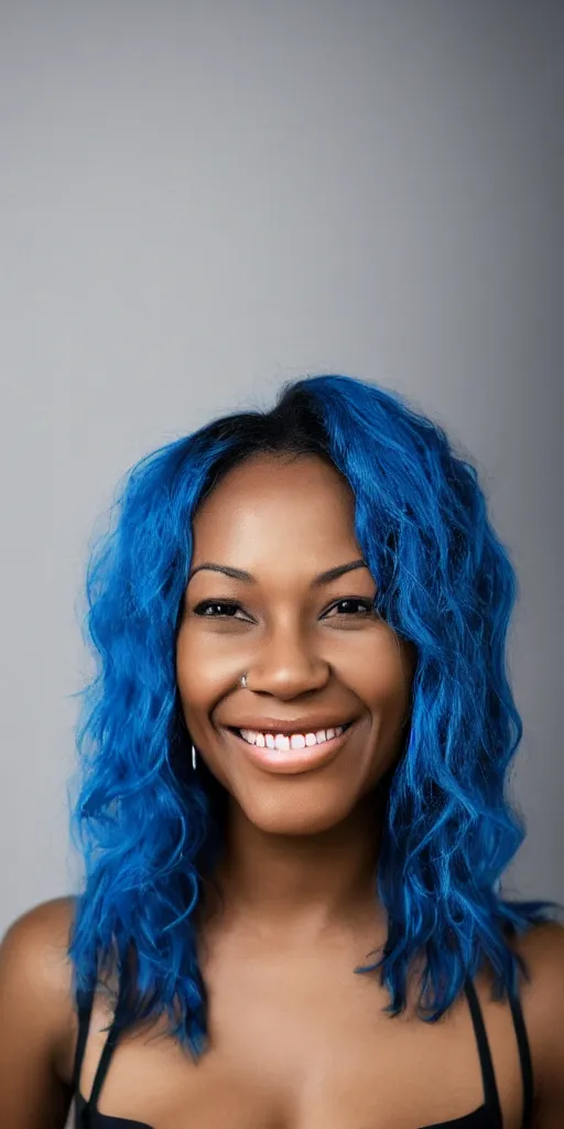 Image similar to picture of a single black woman with blue hair smiling, portrait, realistic, photograph