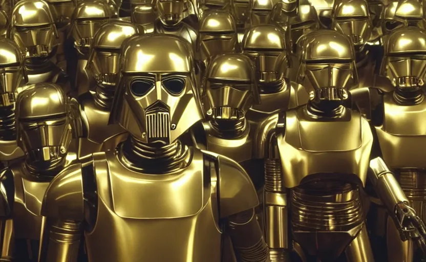 Image similar to screenshot portrait of Luke Skywalker with a fleet of a dozen chrome C-3P0 droids, iconic scene from 1980s film by Stanley Kubrick, 4k, cinematic still frame, surreal sci fi architecture, portrait photoreal, detailed face, moody lighting, stunning cinematography, hyper detailed, sharp, anamorphic lenses, kodak color film stock