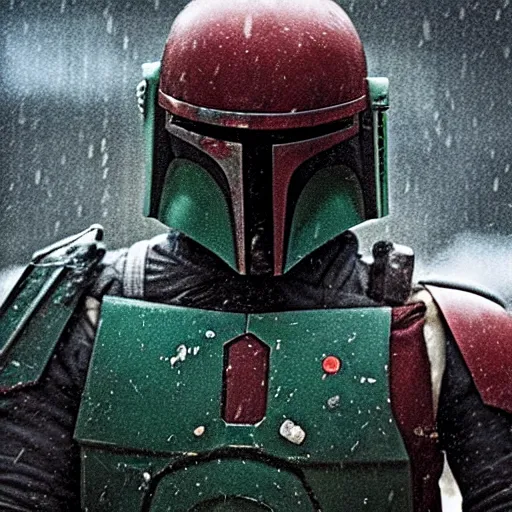 Image similar to boba fett standing on a building, fine details, heavy rain, 8 k, shallow depth of field, moody lighting, cinematic lighting,