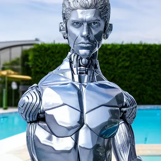 Prompt: twitch streamer / gamer ludwig, ice statue, blank stare, a realistic detailed photo of a guy who is an attractive humanoid who is half robot and half humanoid, by the pool, posing like a statue, showing off his muscles, made of ice, shiny skin, on display, who is a male android, humanoid robot