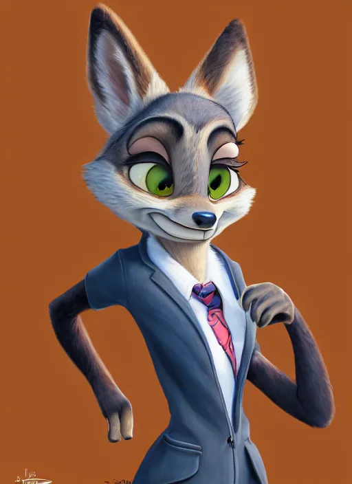 Image similar to oil painting of detailed full body of anthromorphic female wolf, in style of zootopia, zootopia, zootopia, fursona, furry, furaffinity, 4 k, deviantart, furry art, fursona art, wearing black business suit, business suit, in style of zootopia, wolf fursona, cyberpunk, female, expressive detailed feminine face,