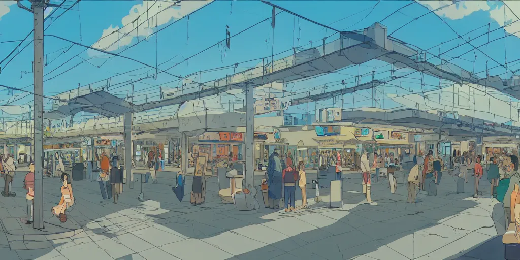 Prompt: an israeli bus station in tel aviv, noon, sunlights, wide shot, digital art, ghibli style, makoto shinkai, flat colors