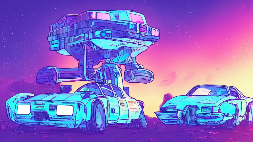 Prompt: an retrowave cyberpunk car on the moon, pastel, colorful, bright, cartoony, digital art