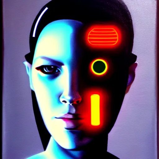 Image similar to hyperrealism oil painting portrait of cyberpunk cyborg fashion model with glowing eyes