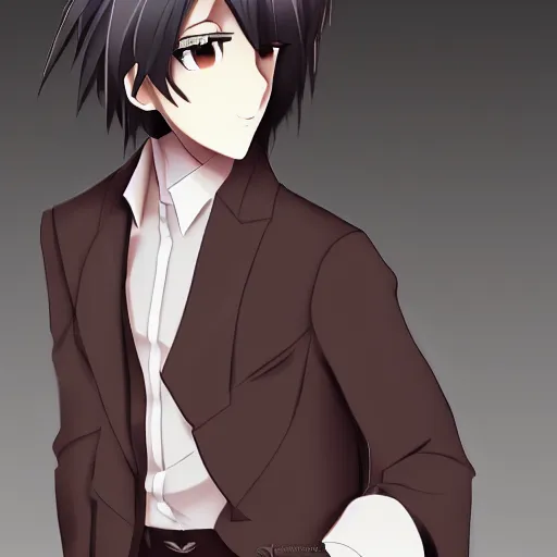 Image similar to a male teen with dark short hair and dark brown eyes wearing a dark formal overcoat, anime style, portait photo, high quality, beautiful, trending on DeviantArt, anime boy