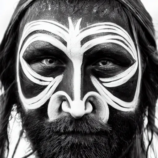Prompt: viking in black body armour with black and white face painting, extremely detailed image from a film