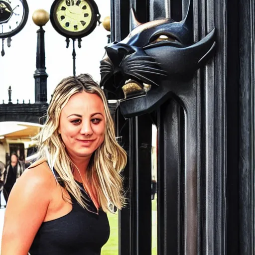 Image similar to A detailed photo of Kaley Cuoco under the Eastgate clock in Chester. Behind her we see a black panther