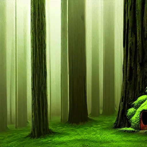 Image similar to treehut, redwood, moss, big forrest, by alex andreev, landscape, high contrast, digital