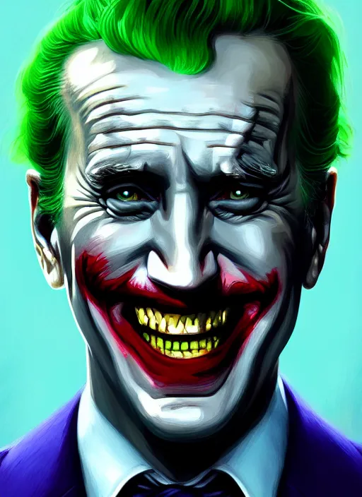 Image similar to portrait of joe biden as the joker, green hair, intricate, elegant, glowing lights, highly detailed, digital painting, artstation, concept art, sharp focus, illustration, art by wlop, mars ravelo and greg rutkowski