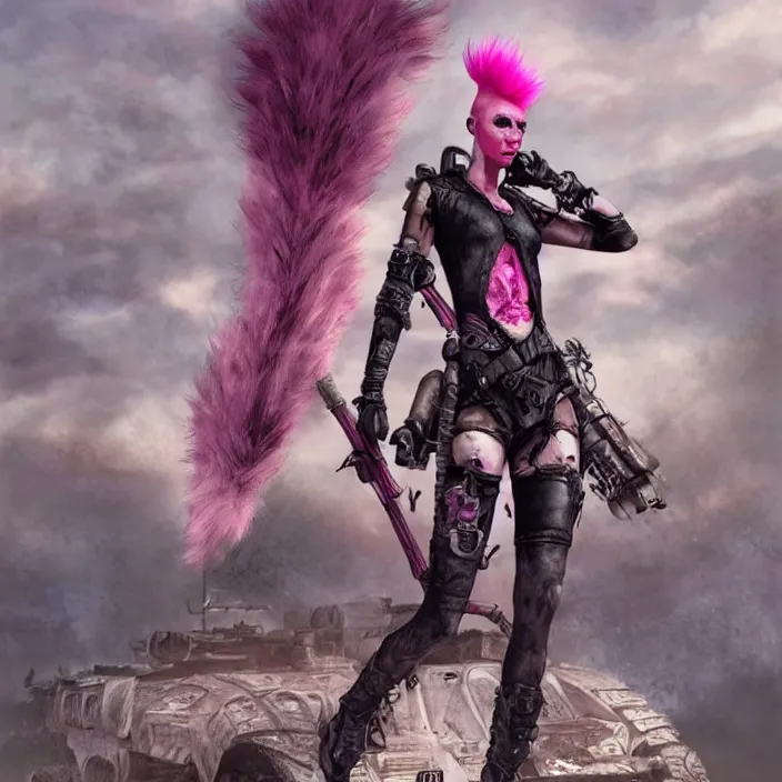 Prompt: beautiful apocalyptic woman with pink Mohawk, standing on mad max panzer tank, 4k ultra hd, fantasy dark art, tank girl, artgerm, concept art, artstation, octane render, elegant, detailed digital painting