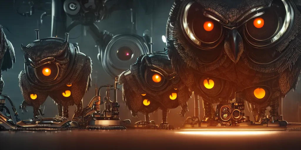 Image similar to an giant evil, malevolent, cyborg owls looking at a computer, surrounded by computer screens. steampunk. this 4 k hd image is trending on artstation, featured on behance, well - rendered, extra crisp, features intricate detail and the style of unreal engine. volumetric lighting octane render