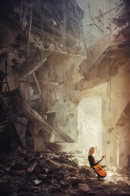 Prompt: a portrait of a cellist playing in the rubble of a fallen building, beautifully lit, slightly surreal, concept art, sharp focus, artstation