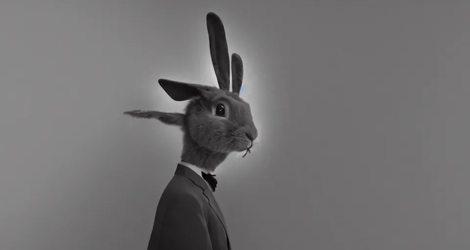 Image similar to a humanoid rabbit wearing a peak lapel suit and smoking a cigarette, chiaroscuro, medium shot, cinematic promo material