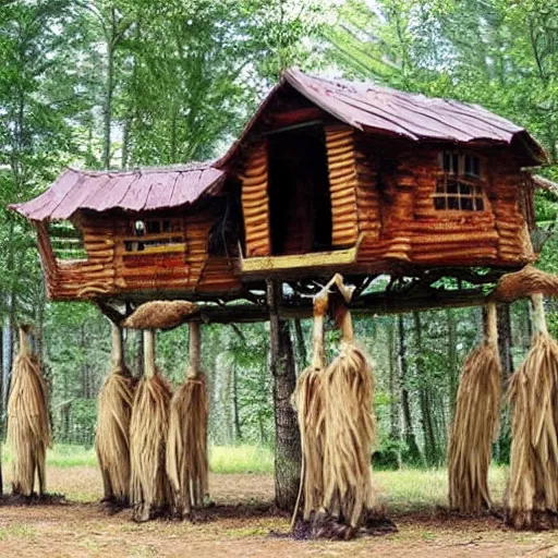 Prompt: Sentient baba yaga huts walking around on stilts. Stilts are shaped like chicken legs.