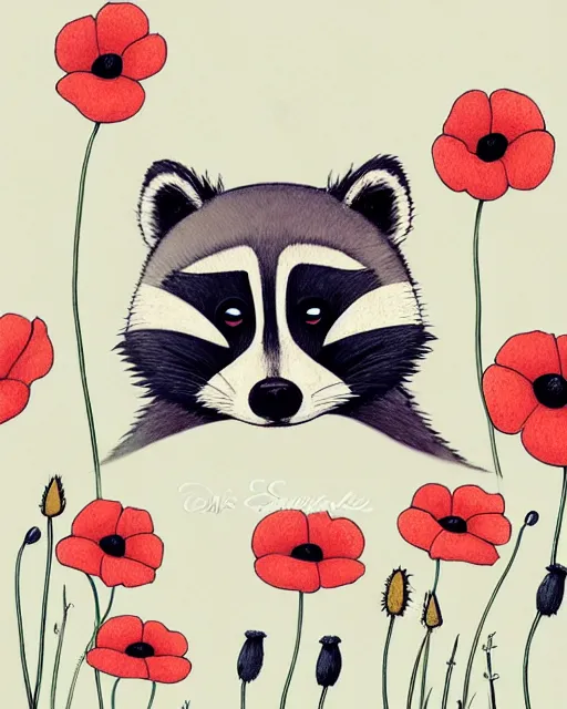 Prompt: a minimalist storybook illustration of a smiling happy cute raccoon wearing a flower crown of daisies and poppies, by antoine de saint - exupery and annabel kidston and naomi okubo and jean - baptiste monge. a child storybook illustration, muted colors, soft colors, low saturation, fine lines, white paper