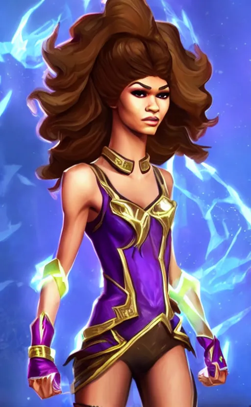 Prompt: Zendaya as a character in the game League of Legends, with a background based on the game League of Legends, detailed face, old 3d graphics