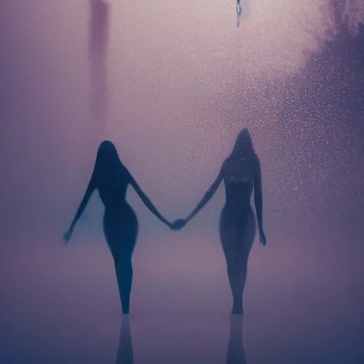 Prompt: a blurry closeup picture of gorgeous human bodies intertwined, female bodies, no face, dripping wet, macro photography, long exposure photograph, surrealism, anamorphic bokeh, cozy, soft light, cyan and orange, caustic, atmospheric fog, octane render, cinematic