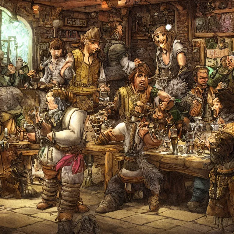 Prompt: an emu in the middle of a crowded halfling tavern, fantasy rpg book illustration