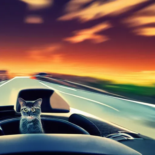 Image similar to convertible with cat driver on road driving towards camera, motion blur, clear sky, golden hour, unobstructed road, artstation