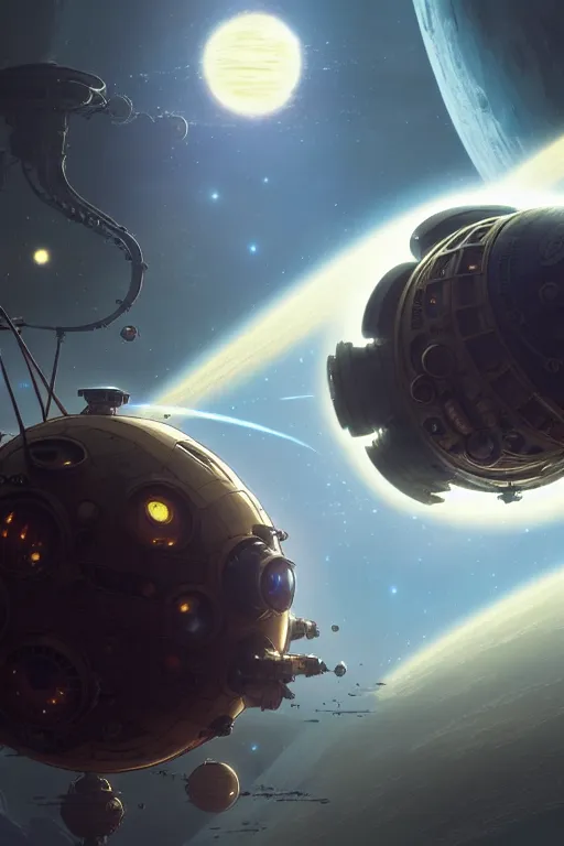 Image similar to steampunk spaceship infront of a planet, exquisite details, denoised, mid view, by karl kopinski, artsation, greg rutkowski, makoto shinkai, takashi takeuchi, studio ghibli