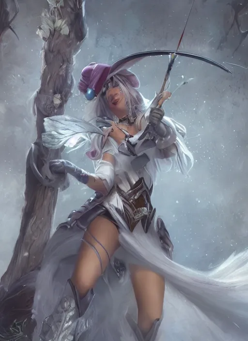 Image similar to ashe, from league of legends, shooting arrows with a silver bow, wearing fluffy bear skin, long skirt, hyper detailed, digital art, trending in artstation, cinematic lighting, studio quality, smooth render, unreal engine 5 rendered, octane rendered, art style by klimt and nixeu and ian sprigger and wlop and krenz cushart