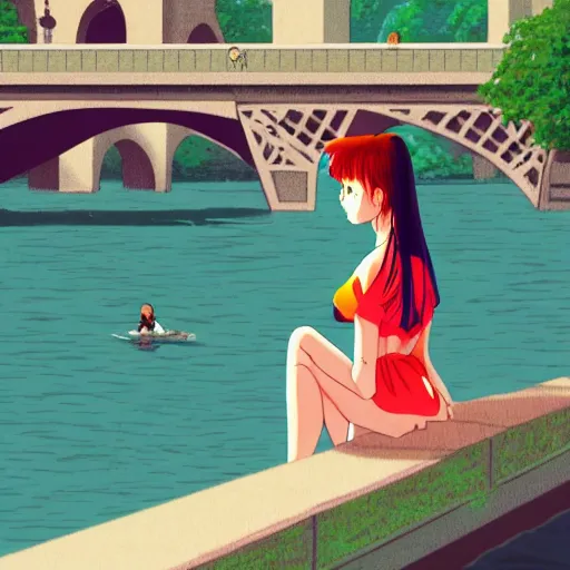 Prompt: woman sitting by the river in paris, pixels, sprite, graphic novel, visual novel cg, 8 0 s anime vibe, kimagure orange road, maison ikkoku, trending on artstation, 2 d hd, 3 2 x 3 2