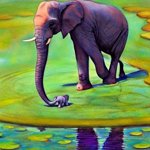 Image similar to baby elephant drinking from a pond, children's book style, colourful, painterly, high quality, very very beautiful, professional