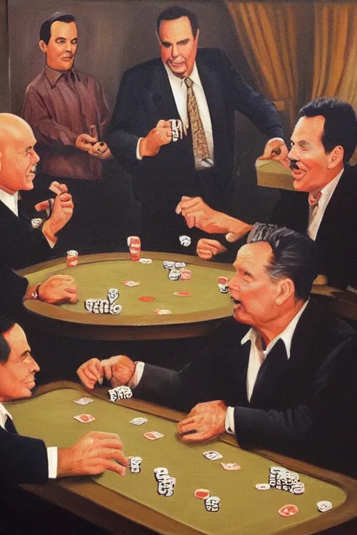 Prompt: don rickles and norm macdonald and johnny carson and bob saget are playing poker in a smokey old pub, oil painting by wilson mclean, sharp focus, masterpiece, highly detailed