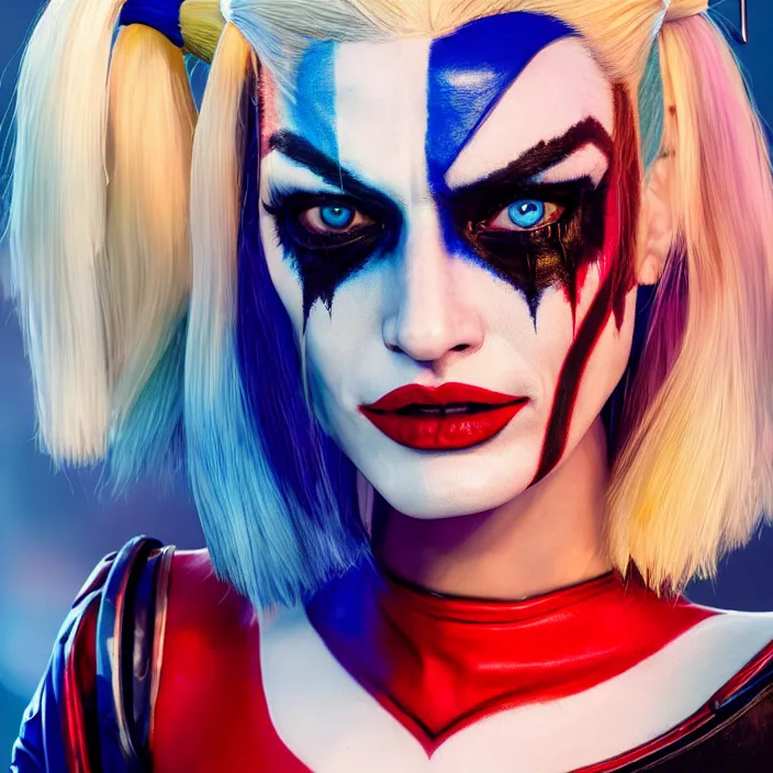 Prompt: portrait of candace swanepoel as a harley quinn in suicide squad. intricate abstract. intricate artwork. by tooth wu, wlop, beeple, dan mumford. octane render, trending on artstation, greg rutkowski very coherent symmetrical artwork. cinematic, hyper realism, high detail, octane render, 8 k, iridescent accents