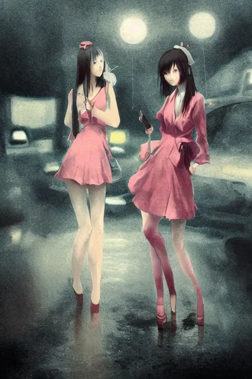 Prompt: art by D. Jun, by Mo Xiang Tong Xiu, Infrared Unreal Engine render, cute girls in Japanese maid's clothes and smoking inside a JDM car in the rain at night in a parking lot, anime vintage colors, polaroid, foggy, smoke, steam, parov, trending on artstation, volumetric light, cinematic render, ultra realistic, oil painting