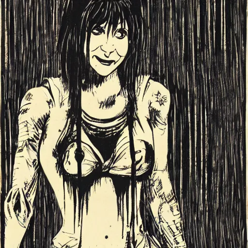 Prompt: Elvira in tattered clothes, Technical Scene, Weirdcore, woodblock print, character concept, amazing detail, Gloomy lighting,