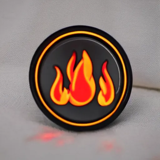 Prompt: an award - winning photograph of retro minimalistic clean fire flames warning label enamel pin, beautiful cinematic light, behance