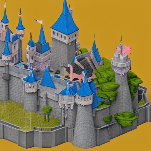 Image similar to 2004-2007 isometric disneyland castle, sculpted, 3d render, in the style of VMK, yoworld, artstation, isometric by Miha Rinne