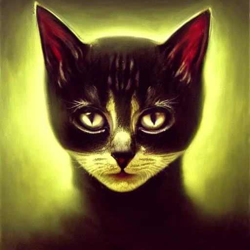 Image similar to a portrait of a kitten wearing a black hood, cloak covering face, anatomically correct, beautiful perfect face, enigmatic, oil painting, matte, black background, Volumetric dynamic lighting, Highly Detailed, Cinematic Lighting, Unreal Engine, 8k, HD, by Beksinski