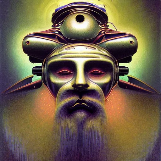 Prompt: david grisman robot, dmt, large metal mustache, muted colors, benevolent, nebula background, glowing eyes, detailed realistic surreal retro robot in full regal attire. face portrait. art nouveau, visionary, baroque, giant fractal details. vertical symmetry by zdzisław beksinski, alphonse mucha. highly detailed, realistic