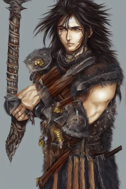 Prompt: A realistic anime portrait of a young handsome male barbarian with long wild hair, intricate fantasy spear, plated armor, D&D, dungeons and dragons, tabletop role playing game, rpg, jrpg, digital painting, by Ayami Kojima, digtial painting, trending on ArtStation, SFW version